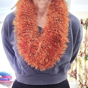 Handmade Knitted Furry Scarf, Infinity Scarf Color Auburn Orange